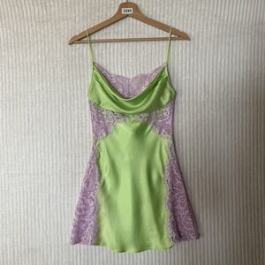 For sold out n/a sold Lemons Silky Satin Slip Dress Neon Green & Pink Size n/a